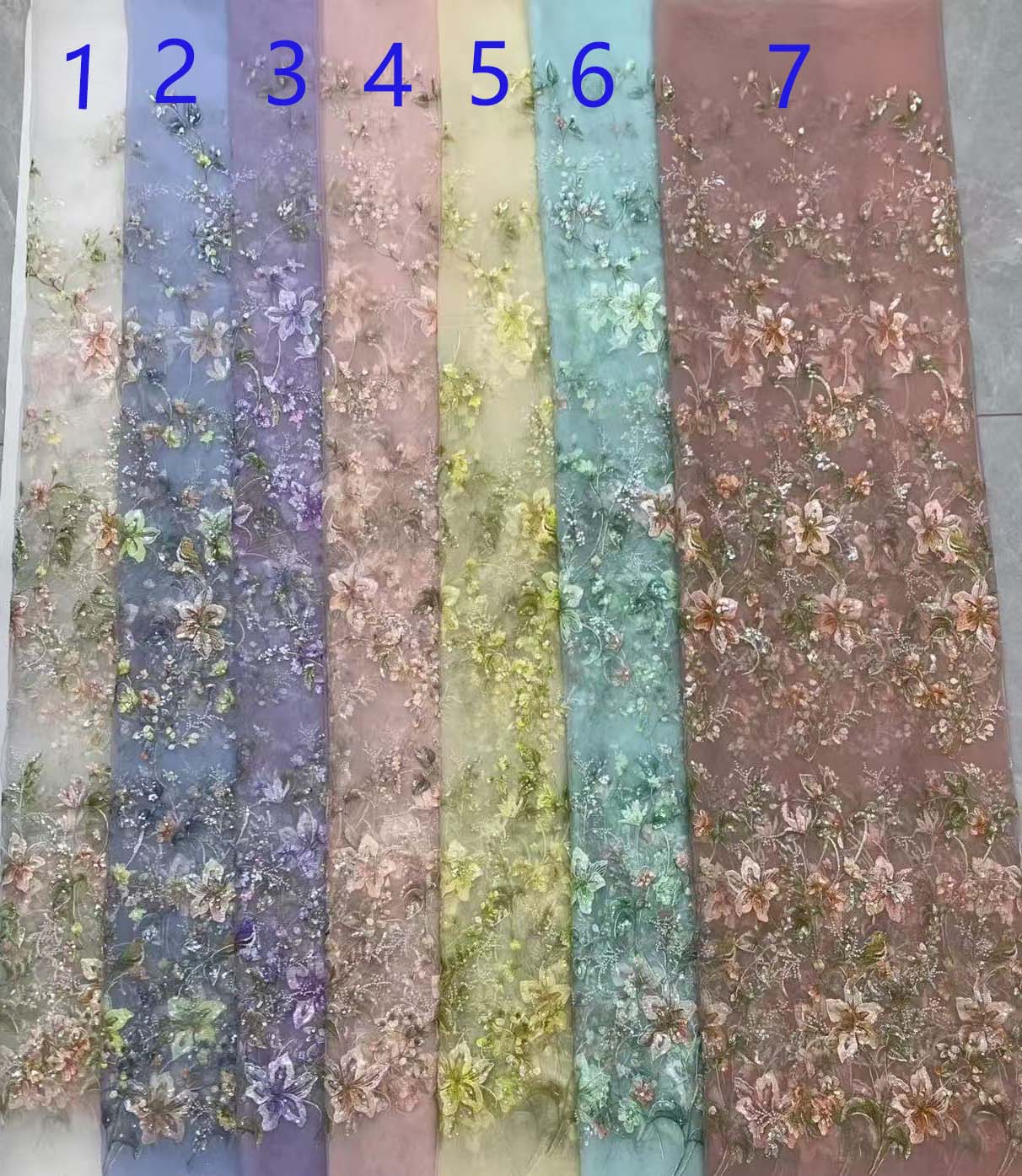 3D floral lace fabric with embroidery -- suitable for sweet lace dresses, wedding gowns, evening gowns, and stage costumes.