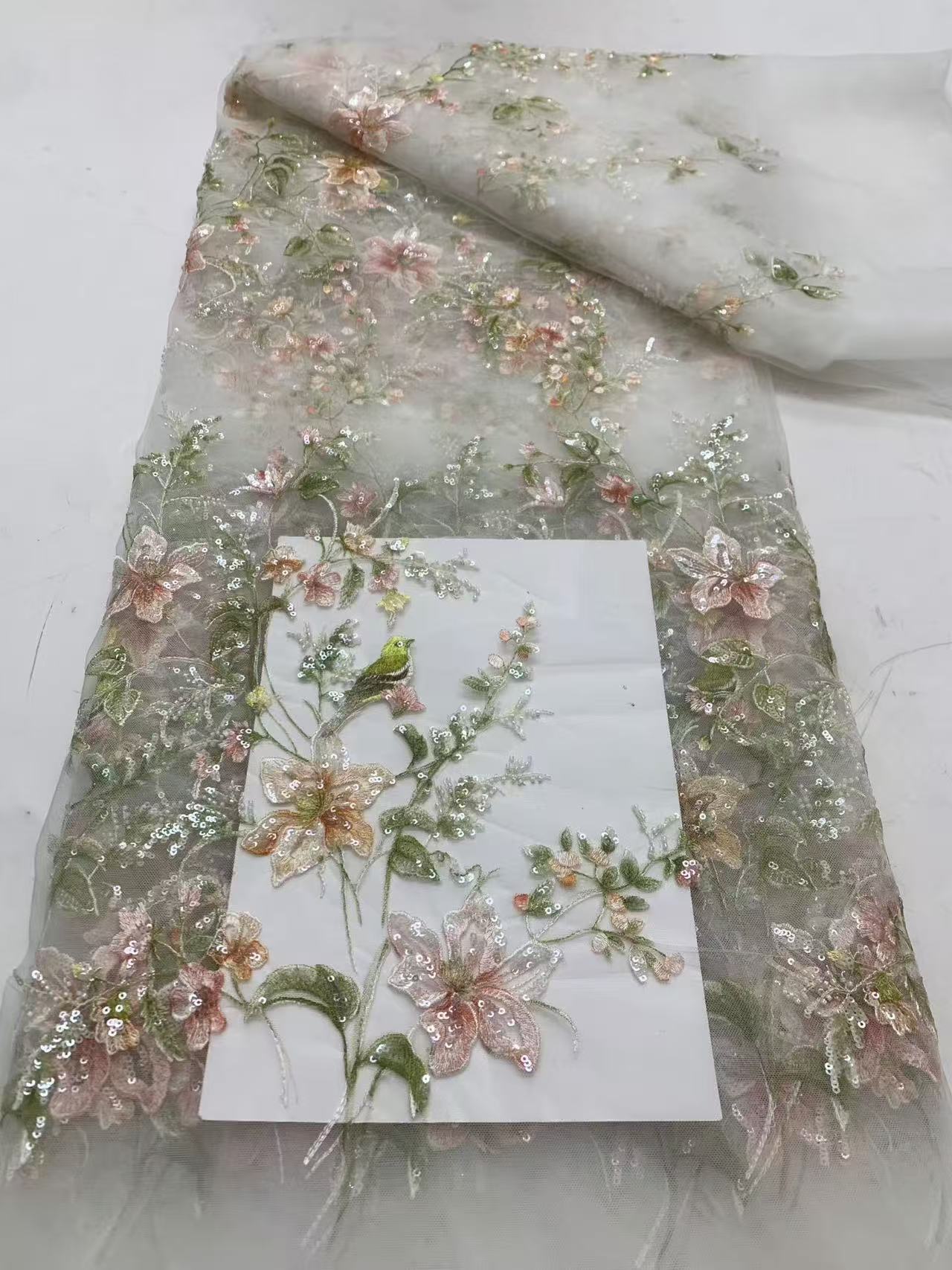 3D floral lace fabric with embroidery -- suitable for sweet lace dresses, wedding gowns, evening gowns, and stage costumes.