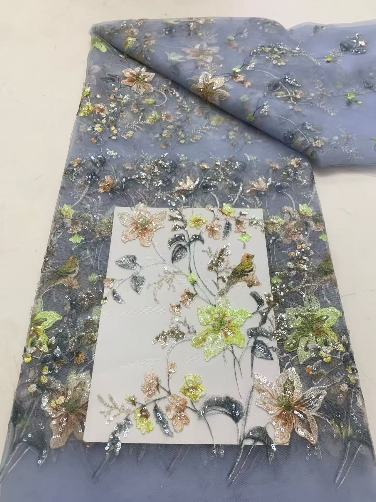 3D floral lace fabric with embroidery -- suitable for sweet lace dresses, wedding gowns, evening gowns, and stage costumes.