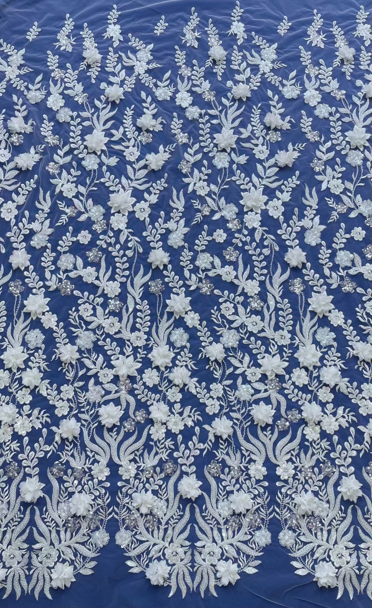 3D floral lace fabric with embroidery -- suitable for sweet lace dresses, wedding dresses, and evening gowns.