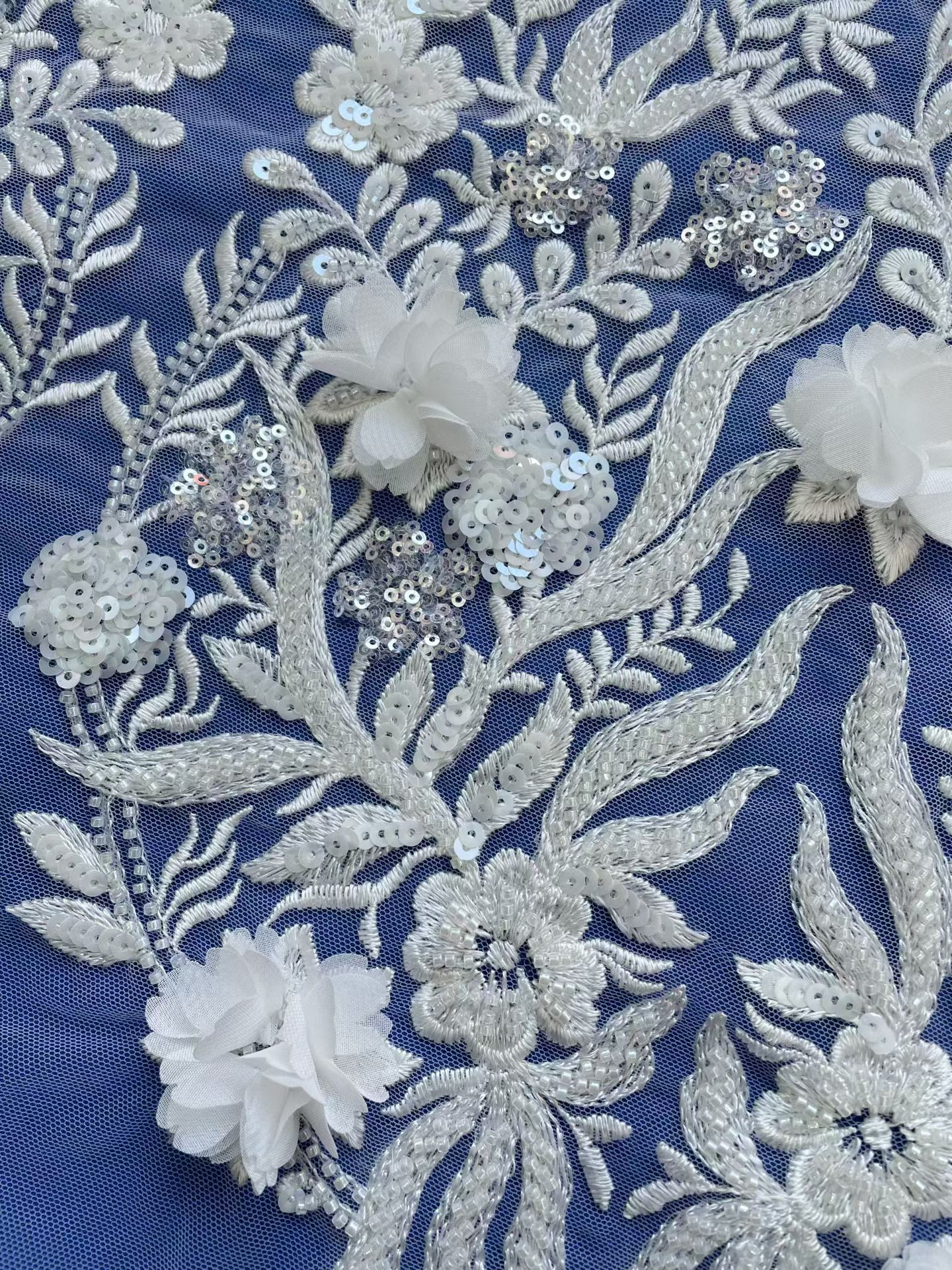 3D floral lace fabric with embroidery -- suitable for sweet lace dresses, wedding dresses, and evening gowns.