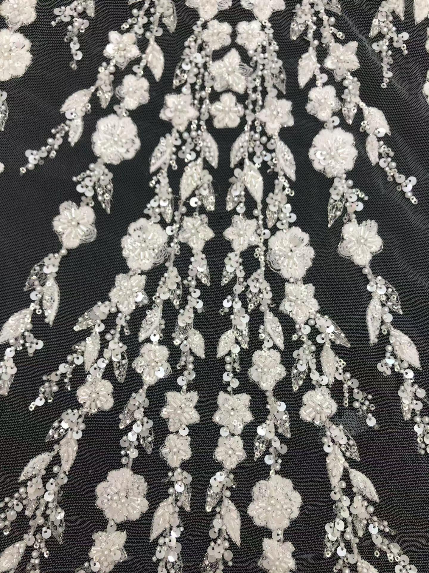 3D floral lace fabric with embroidery -- suitable for sweet lace dresses, wedding dresses, and evening gowns.