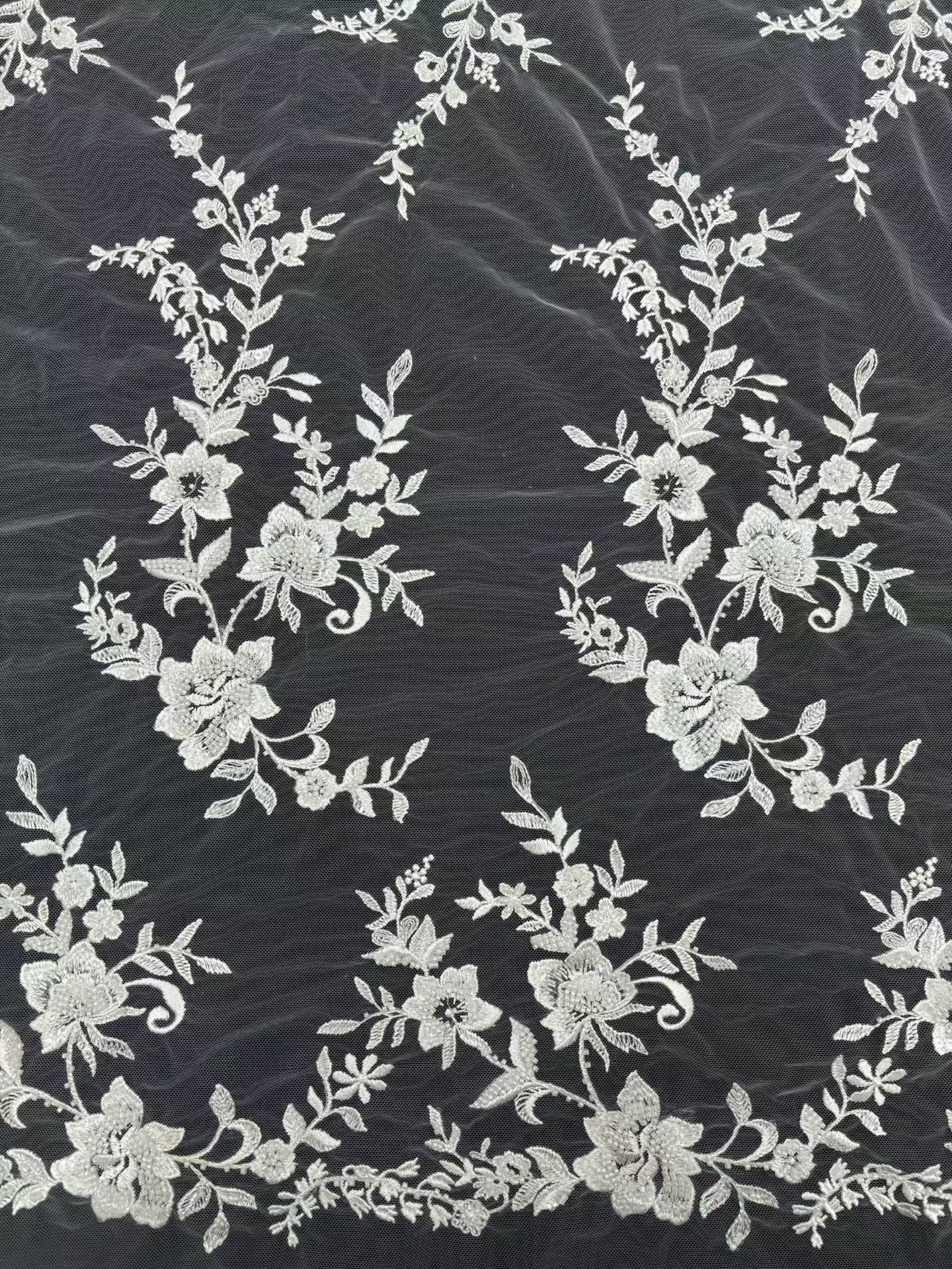 3D floral beaded lace fabric for embroidery – suitable for sweet lace dresses, wedding gowns, and evening gowns.