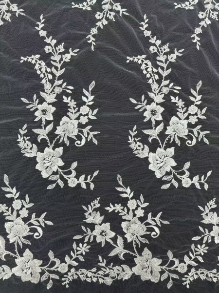 3D floral beaded lace fabric for embroidery – suitable for sweet lace dresses, wedding gowns, and evening gowns.