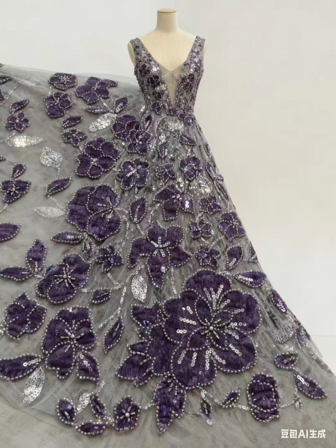3D floral lace sequined fabric embroidery fabric -- suitable for sweet lace dresses, wedding dresses, and evening gowns.
