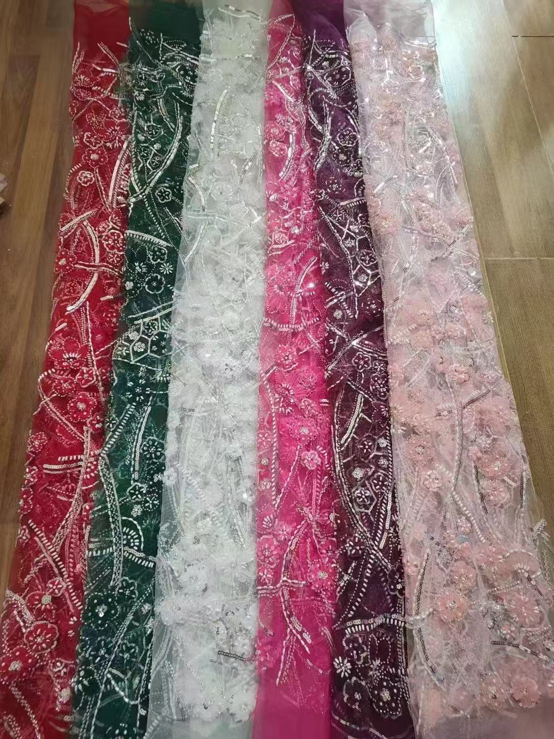3D floral lace beaded sequined fabric for embroidery – suitable for sweet lace dresses, wedding gowns, and evening gowns.