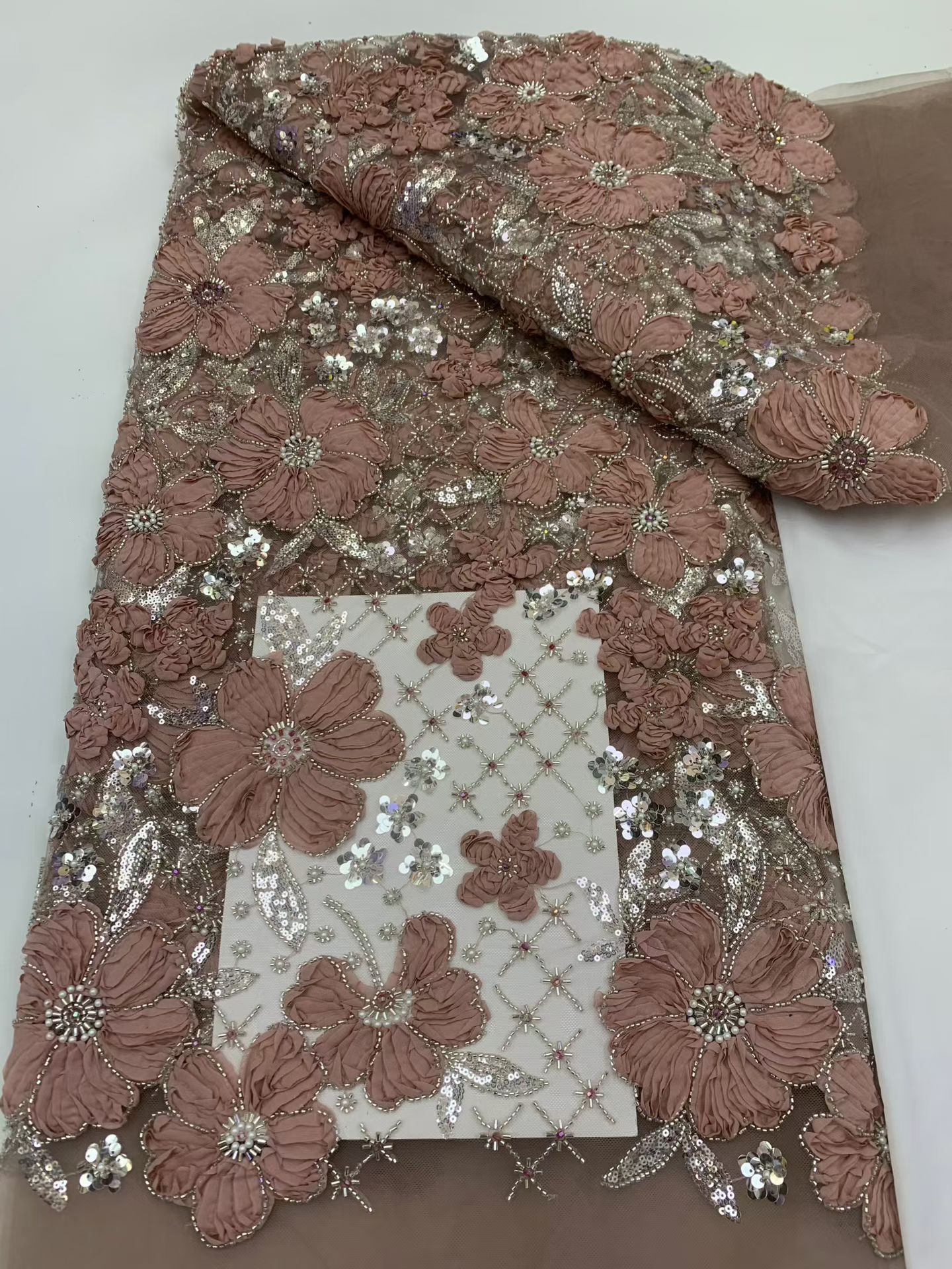 3D floral lace beaded sequined fabric for embroidery – suitable for sweet lace dresses, wedding gowns, and evening gowns.