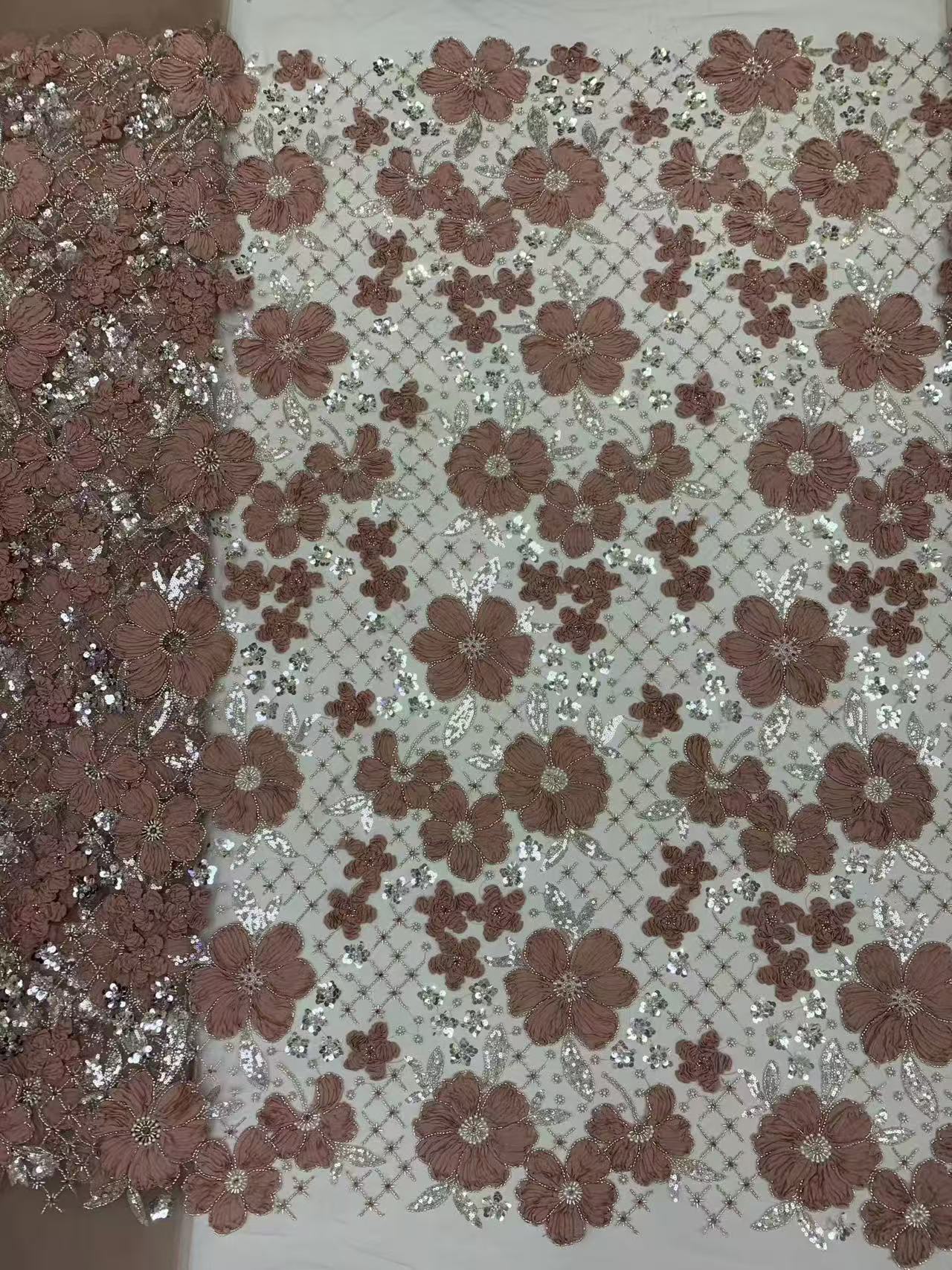 3D floral lace beaded sequined fabric for embroidery – suitable for sweet lace dresses, wedding gowns, and evening gowns.