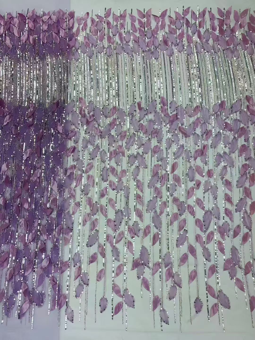 Three-dimensional leaf and flower pattern lace sequined fabric embroidery fabric -- used for sweet lace dresses, wedding dresses, and evening gowns.