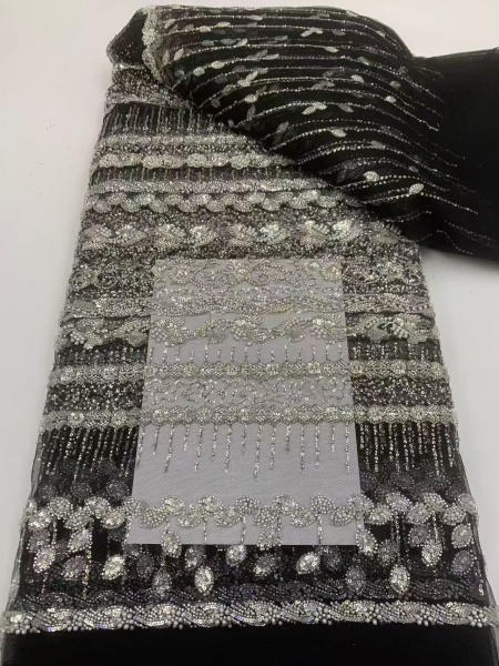 Black mesh beaded embroidered fabric -- for sweet lace dresses, home textiles, clothing, formal wear, and stage costumes.