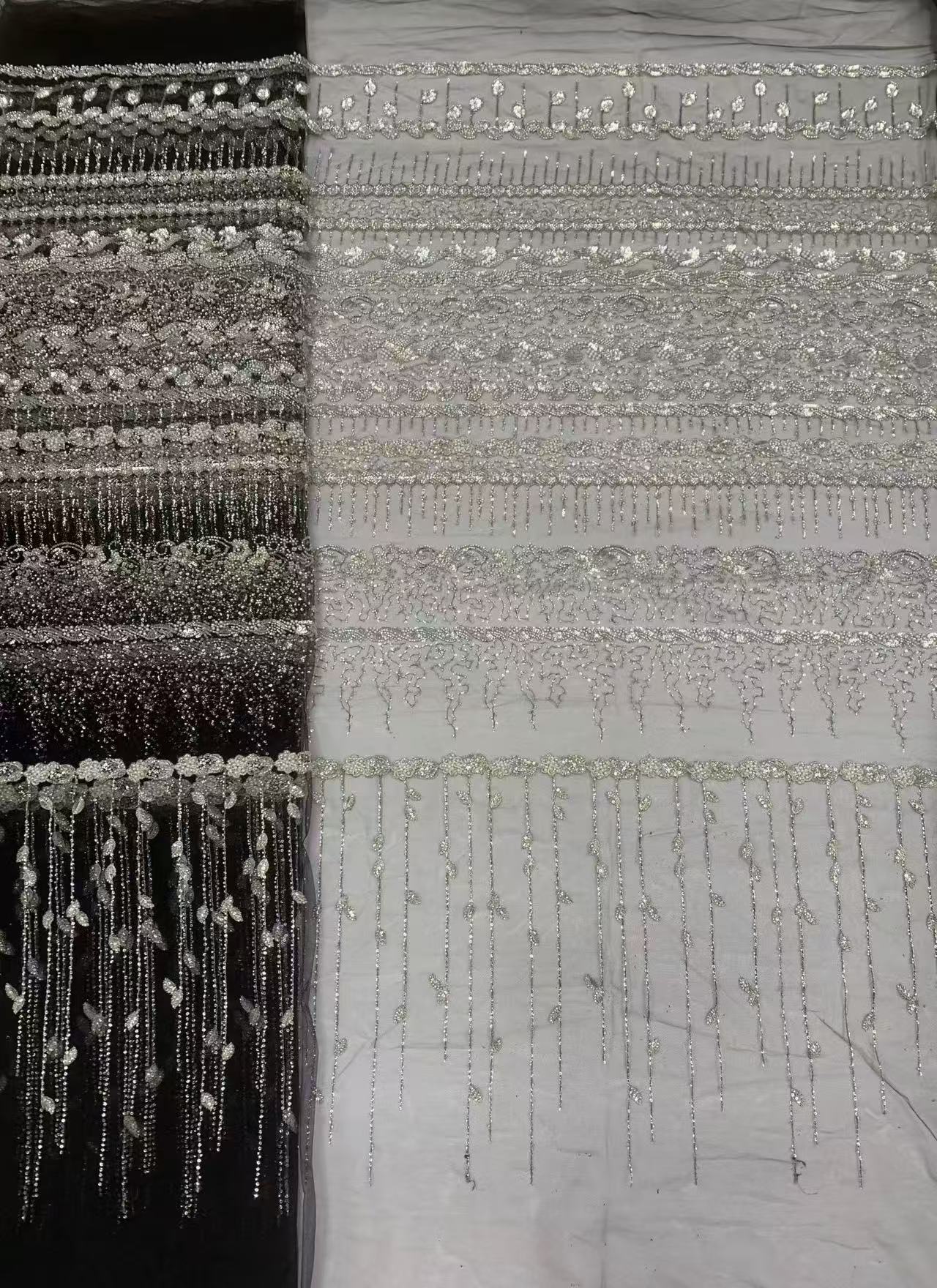 Black mesh beaded embroidered fabric -- for sweet lace dresses, home textiles, clothing, formal wear, and stage costumes.