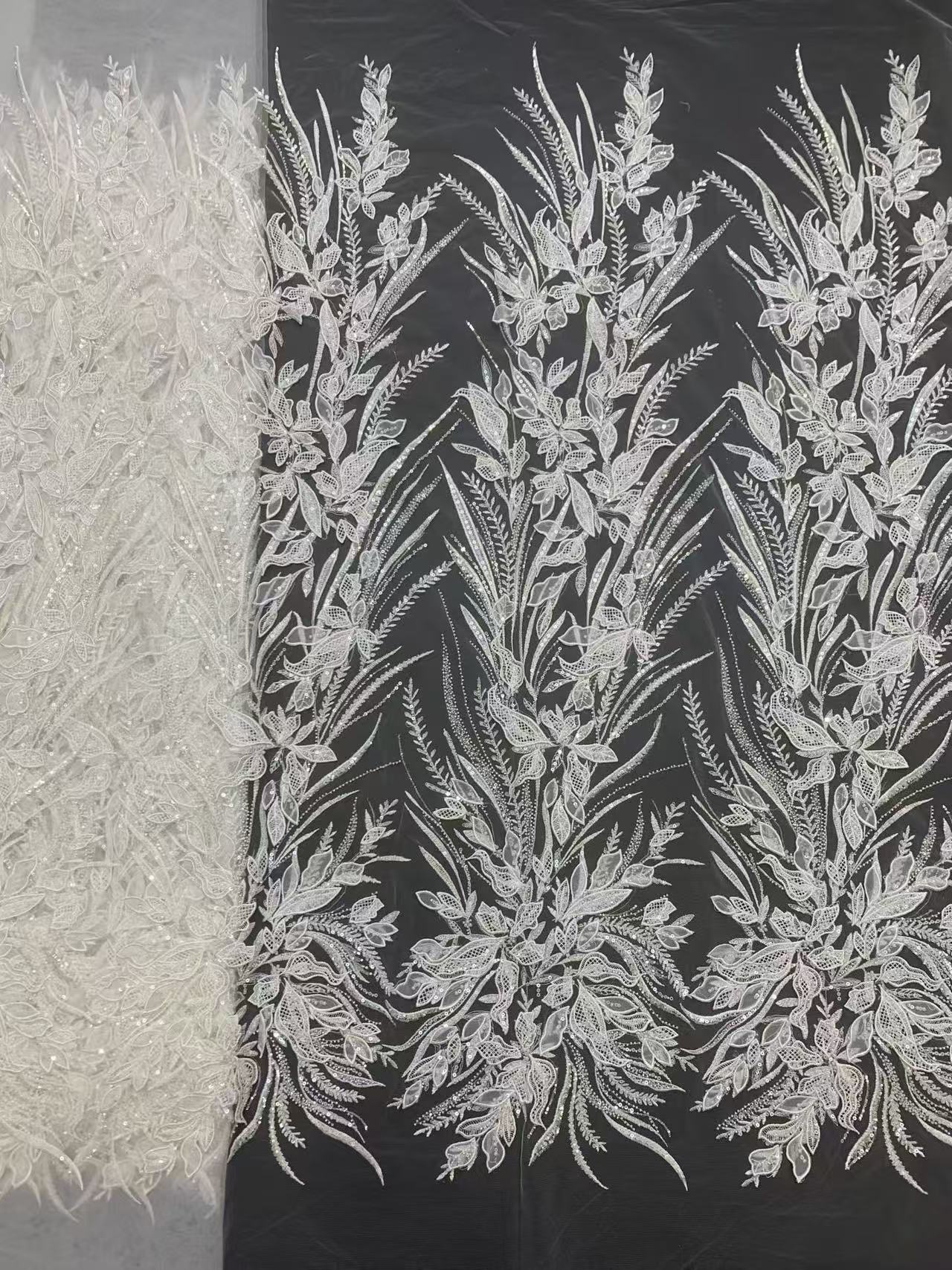 3D white floral sequin embroidered fabric -- suitable for sweet dresses, wedding dresses, stage costumes, and evening gowns.