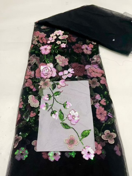 Black mesh fabric with colorful sequin embroidery -- suitable for sweet dresses, wedding dresses, evening gowns, stage costumes.