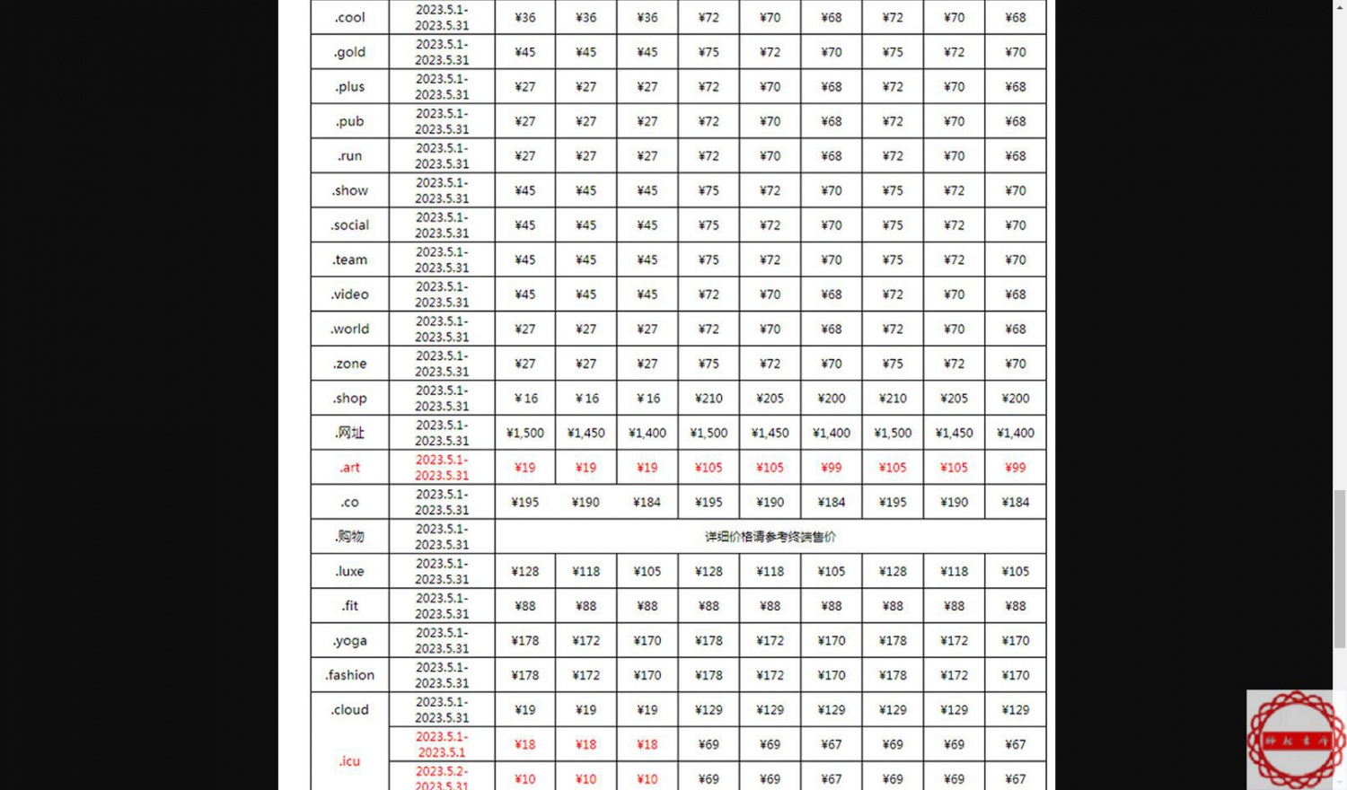 商中在线5月份的价格表