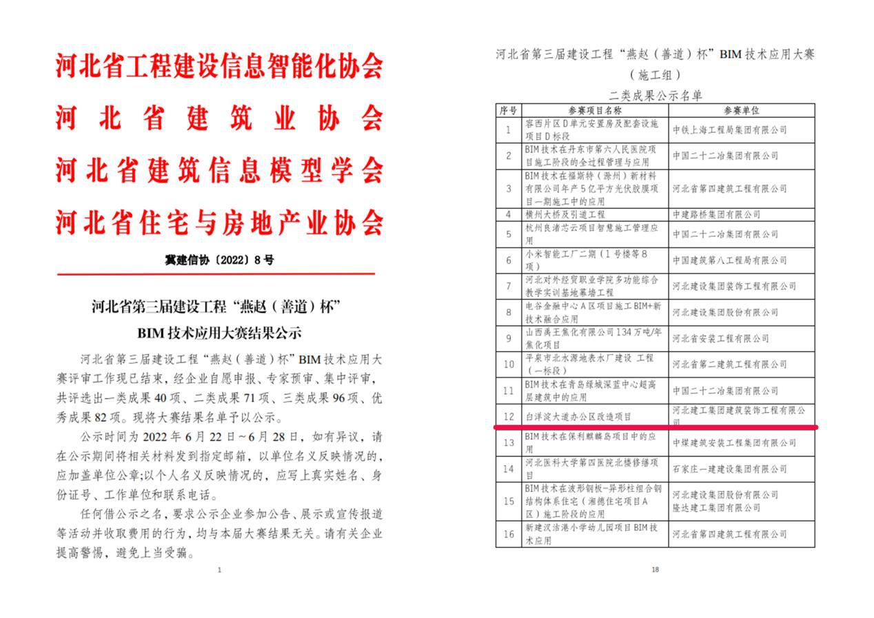 亚搏yabo(中国)装饰公司在第三届建设工程“燕赵杯”BIM技术应用大赛喜获佳绩