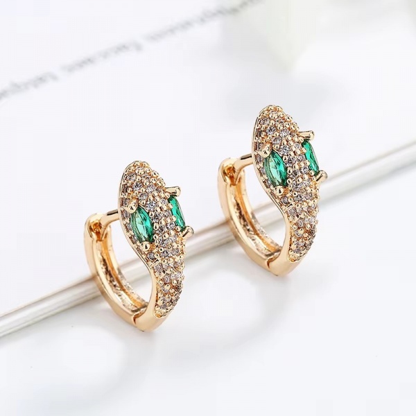 HE138128G Ladia Jewelry 18K Gold Plated Personality Snake Green Zircon Huggie Earring