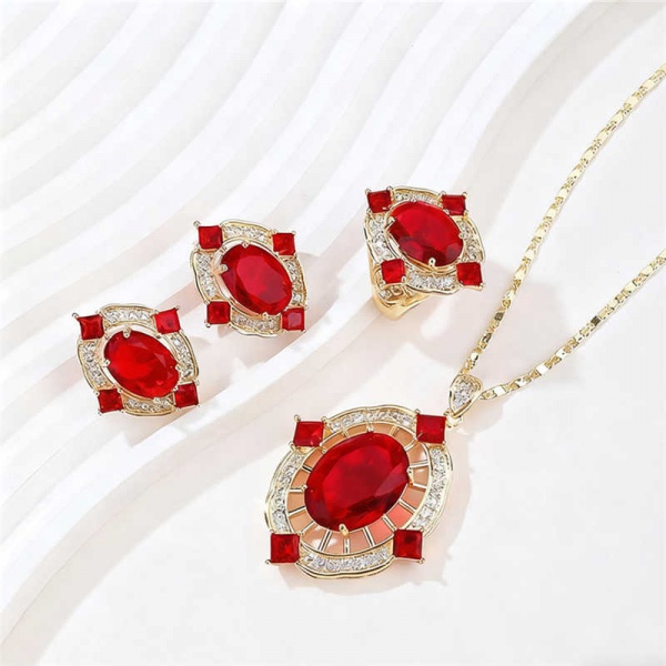 HRS48001239 Ladia Jewelry Luxury Vintage Bridal Wedding Red Zircon 4-Piece Flower Jewelry Set