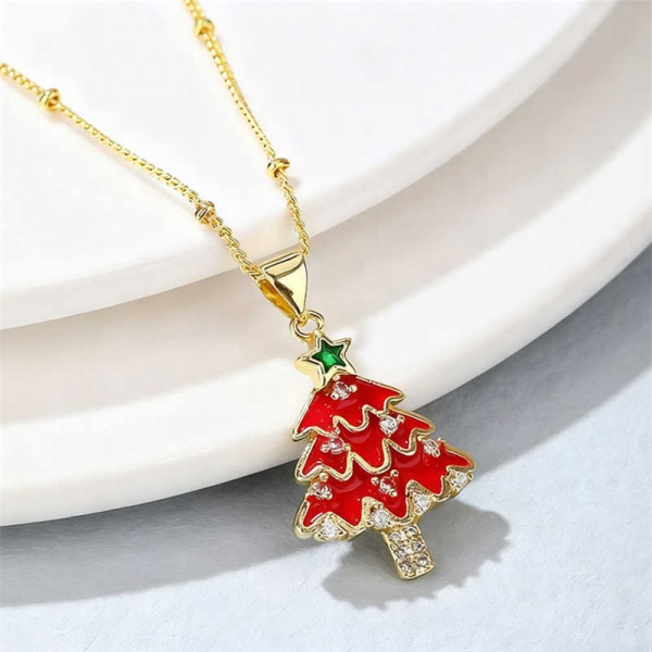 CNP100443 Ladia Jewelry Christmas Theme Red Christmas Tree Pendant Necklace