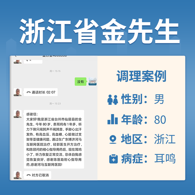 浙江省金方全4060338，80岁，患耳鸣有1年多，听力下降
