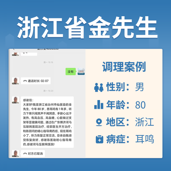 浙江省金方全4060338，80岁，患耳鸣有1年多，听力下降