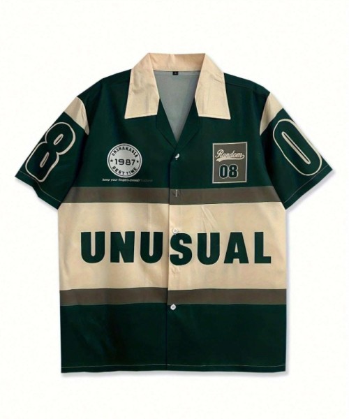 Men's Four-Way Stretch Letter Print Colorblock Short Sleeve Casual Summer Shirt