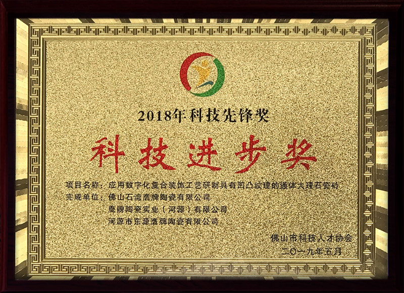 2018年科技先锋进步奖（应用数字化复合装饰工艺研制具有凹凸纹理的通体大理石瓷砖）