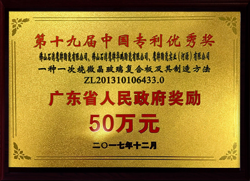 第19届中国专利优秀奖（一种一次烧微晶玻璃复合板及其制造方法）