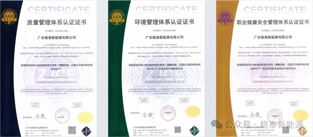 公司荣获质量、环境和职业健康管理三体系认证，引领新能源废旧动力电池回收再生利用新篇章