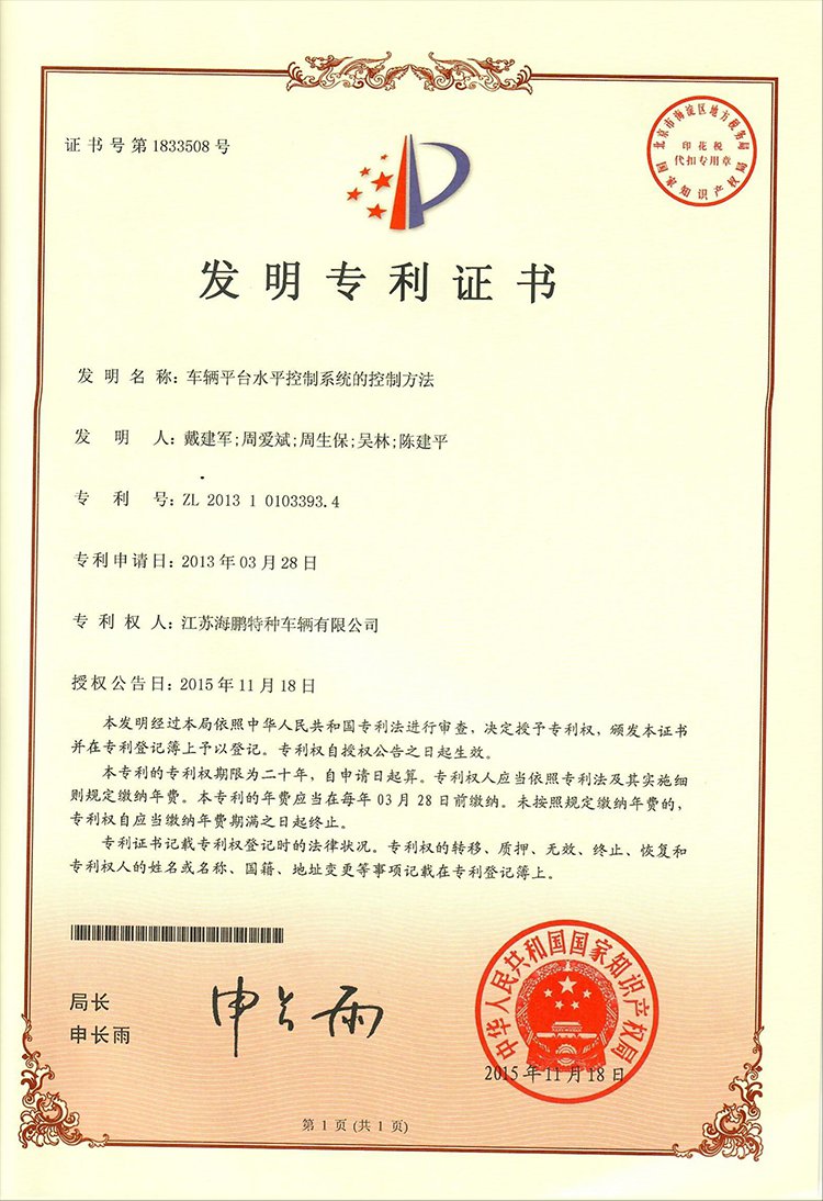 发明专利证书（车辆平台水平控制系统的控制方法）