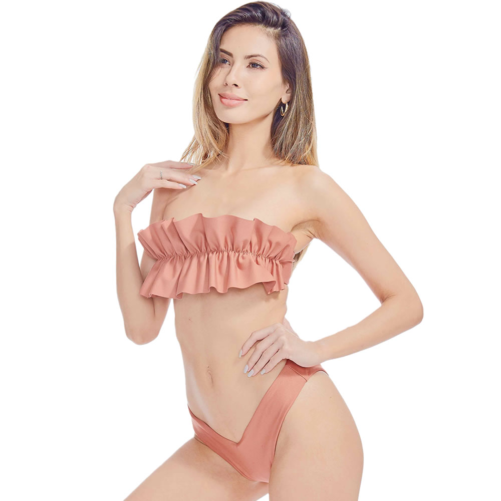 Women's Two Piece Bandeau Bikini Off Shoulder Smocked High Waisted Swimsuit Bathing Suit Ruffled 