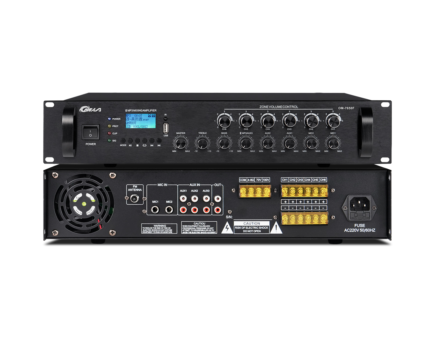 蓝牙/MP3/收音机六分区可调合并式定压功率放大器 OM-770F/7150F/7180F/7250F/7300F/7350F/7550F/7650F
