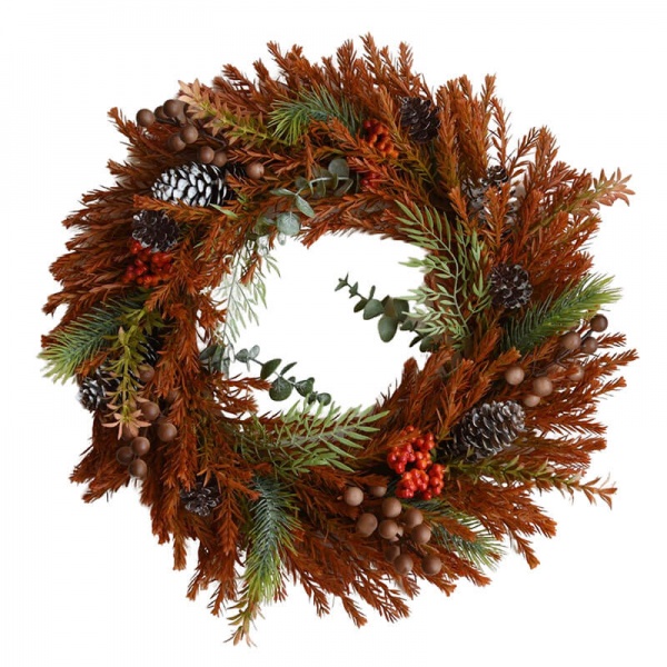 50cm Caramel color artificial wreath | Pine needle & cones + Eucalyptus + Grass + Berries