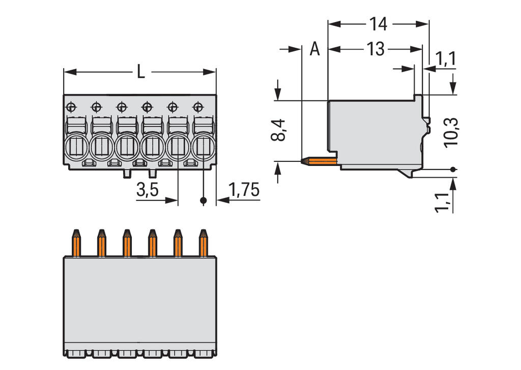 万可-1线THT孔型连接器，直型; 推压键; Push-in CAGE CLAMP®; 1.5 mm²; 焊针间距 3.5 mm; 10极; 焊针1 mm Ø; 1,50 mm²; 浅灰色