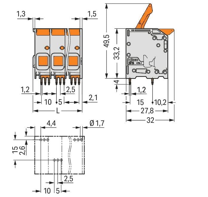 万可-PCB 接线端子; 操作手柄; 16 mm²; 焊针间距 10 mm; 2极; Push-in CAGE CLAMP®; 16,00 mm²; 灰色