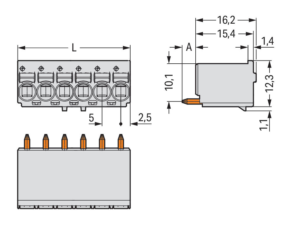 万可-1线THT孔型连接器，直型; 推压键; Push-in CAGE CLAMP®; 2.5 mm²; 焊针间距 5 mm; 6极; 1.4 mm Ø 焊针; 2,50 mm²; 浅灰色