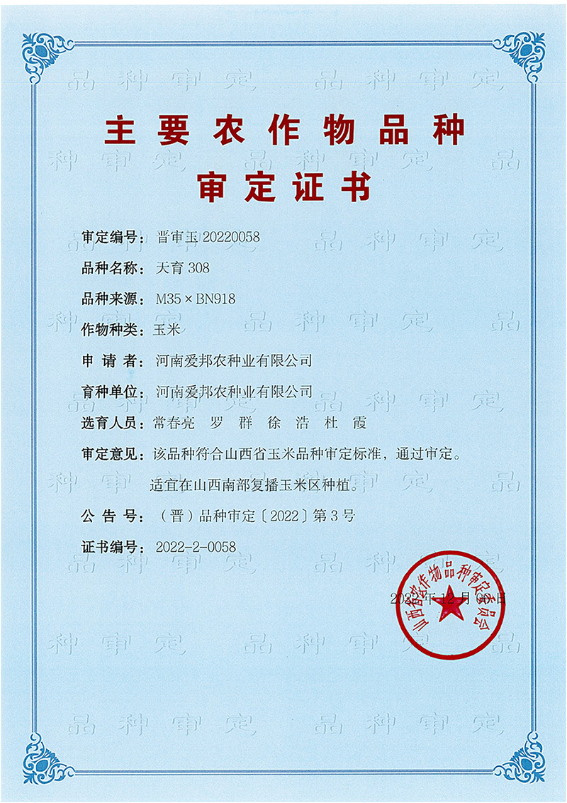 天育308审定证书