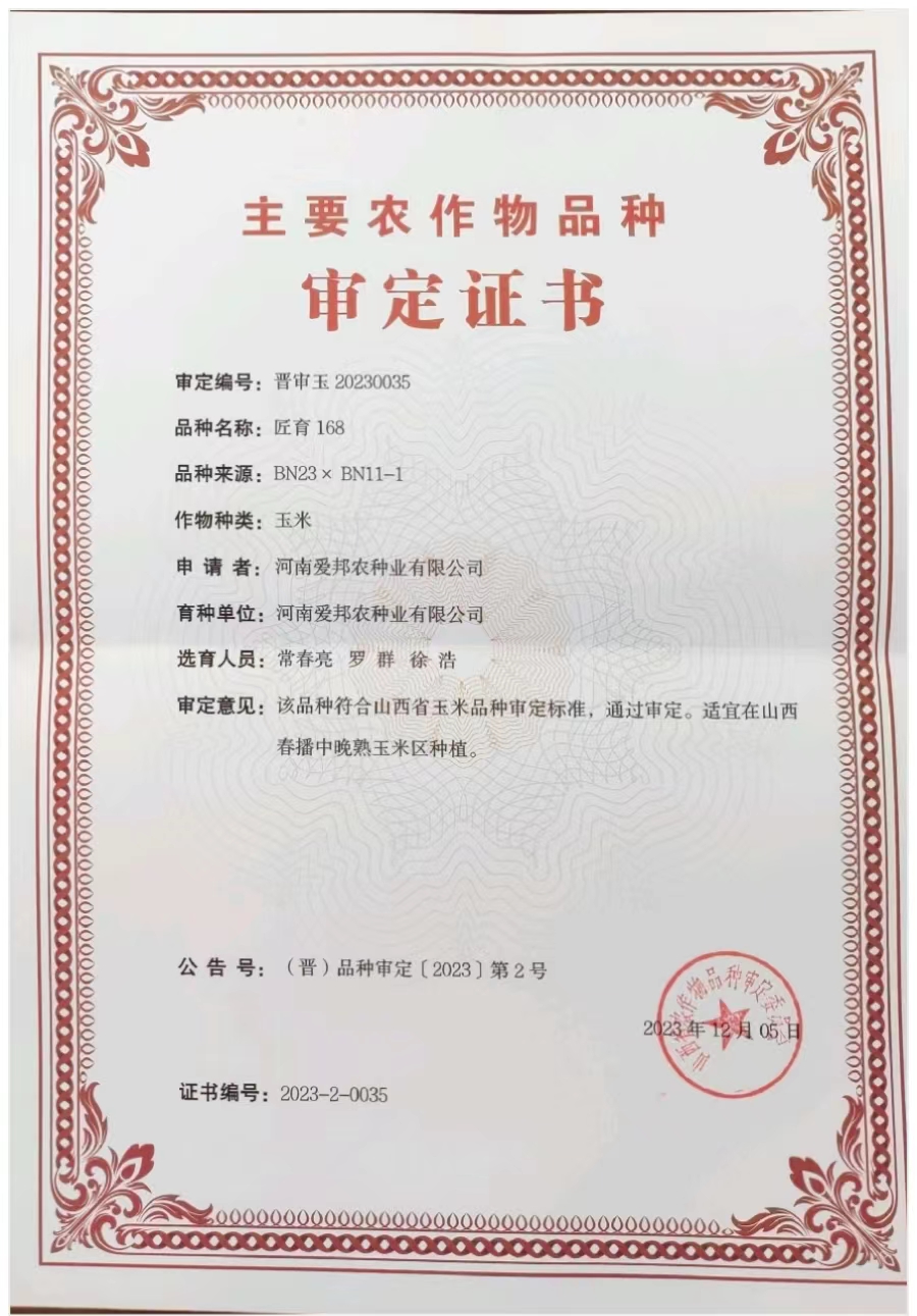 匠育168审定证书