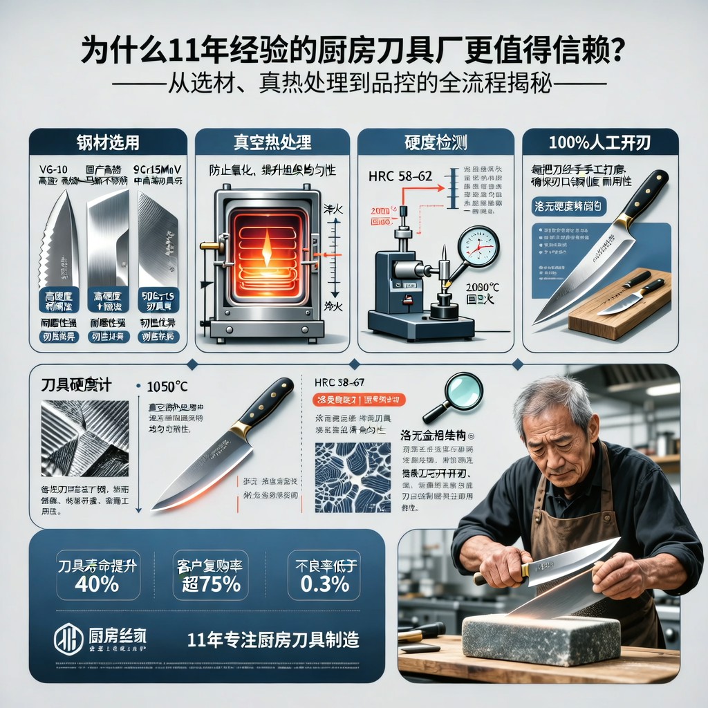 为什么11年经验的厨房刀具厂更值得信赖？——从选材、热处理到品控的全流程揭秘